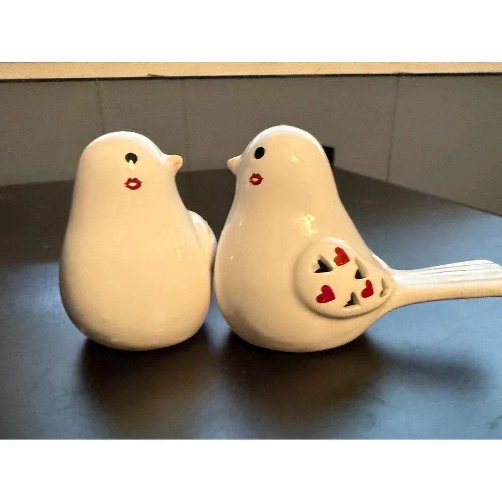 Ceramic Light Up Valentine Love Birds White Heart Cutout LED Figurines Set of 2